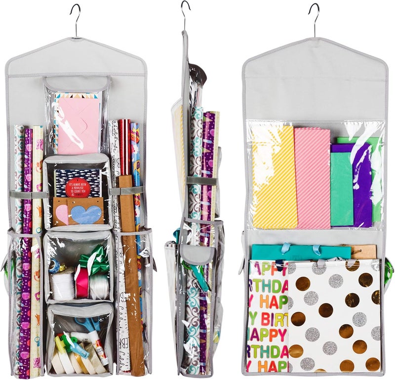 Regal Bazaar Double-Sided Hanging Gift Bag and Gift Wrap Organizer (Light Grey) - Image 1